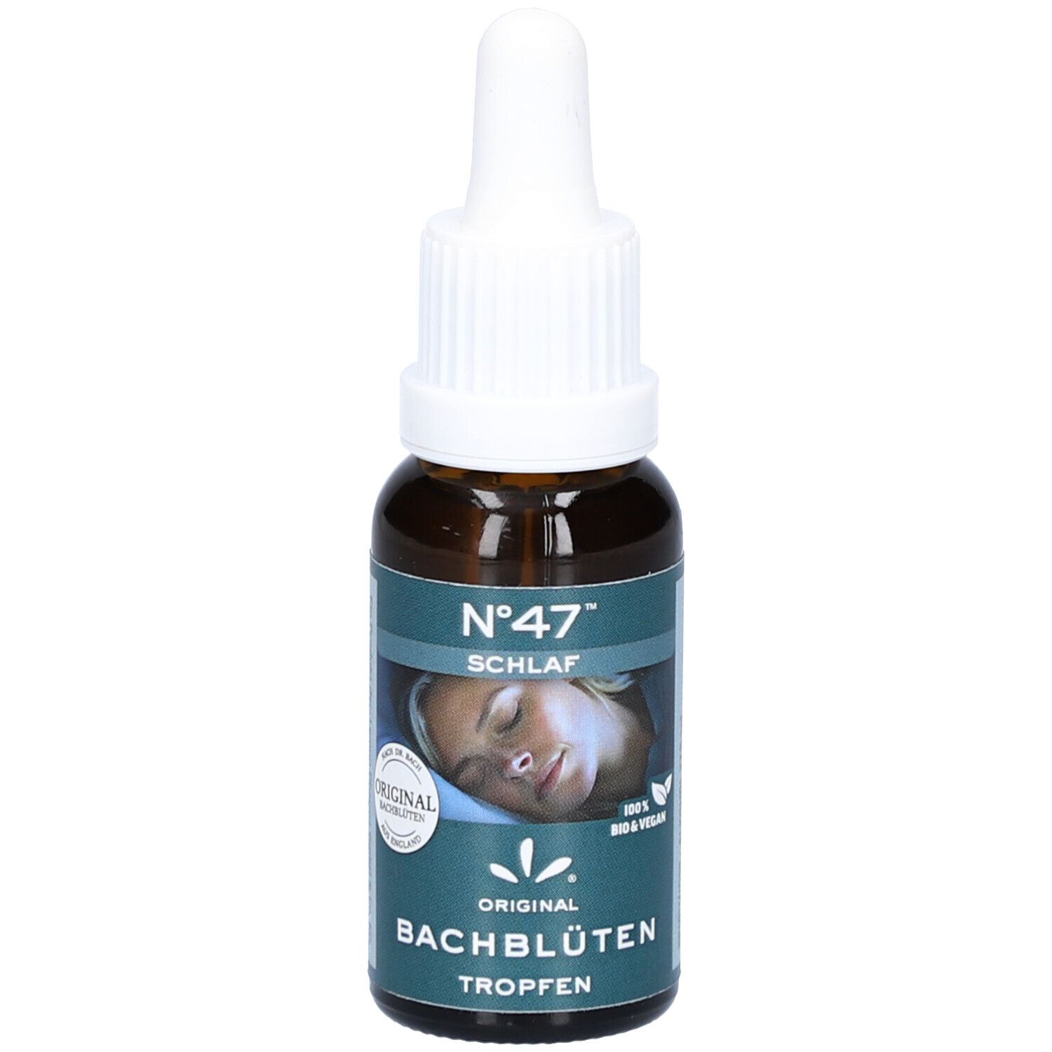 Flacon en verre brun avec compte-gouttes blanc. Étiquette avec texte: Nr.47 Schlaf, Bachblüten Tropfen. Logo: Original Bachblüten.
