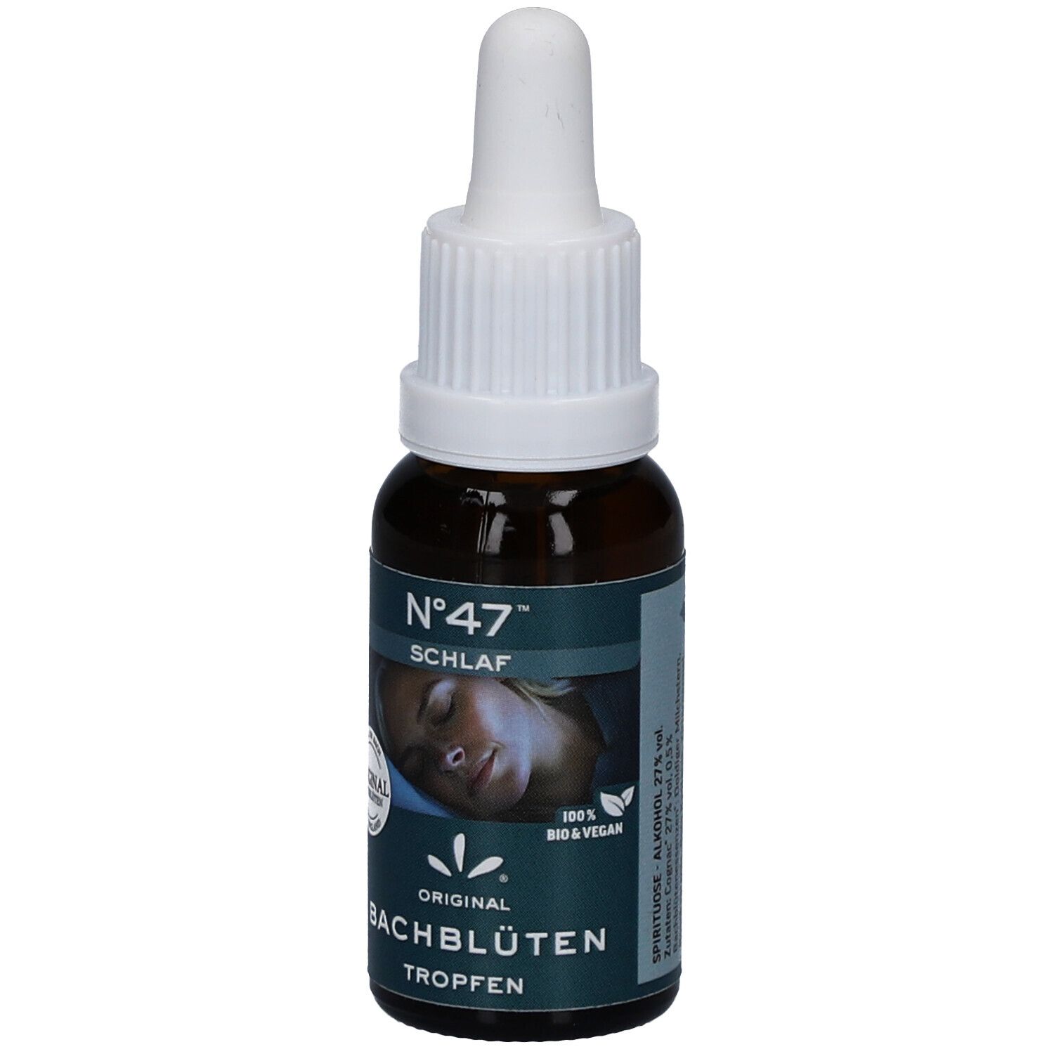 Flacon en verre brun avec compte-gouttes blanc. Étiquette avec texte: Nr.47 Schlaf, Bachblüten Tropfen. Logo: Original Bachblüten.