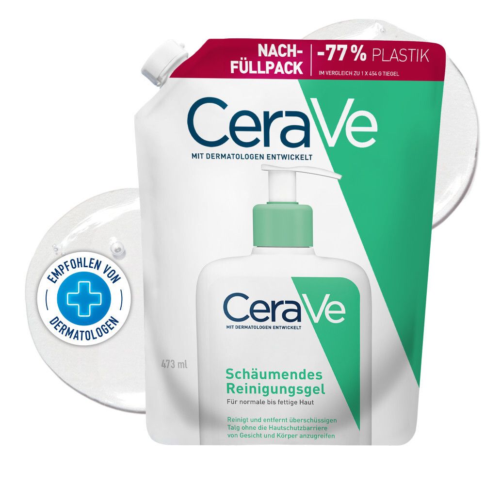 CeraVe® Schäumendes Reinigungsgel Nachfüllpack. Weißes Behältnis mit grünem Akzent. Empfohlen von Dermatologen.