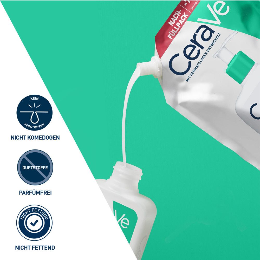 CeraVe® Nachfüllpack, gießt Reinigungsgel in Flasche. Nicht komedogen, parfümfrei, nicht fettend. Grüne und weiße Elemente.