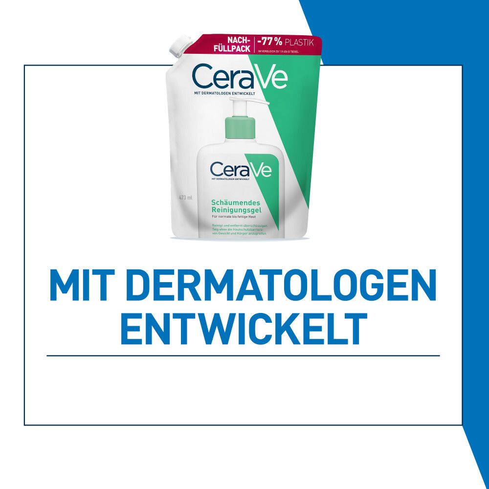 CeraVe® Schäumendes Reinigungsgel Nachfüllpack und Flasche. Mit Dermatologen entwickelt. Weiß und grün.