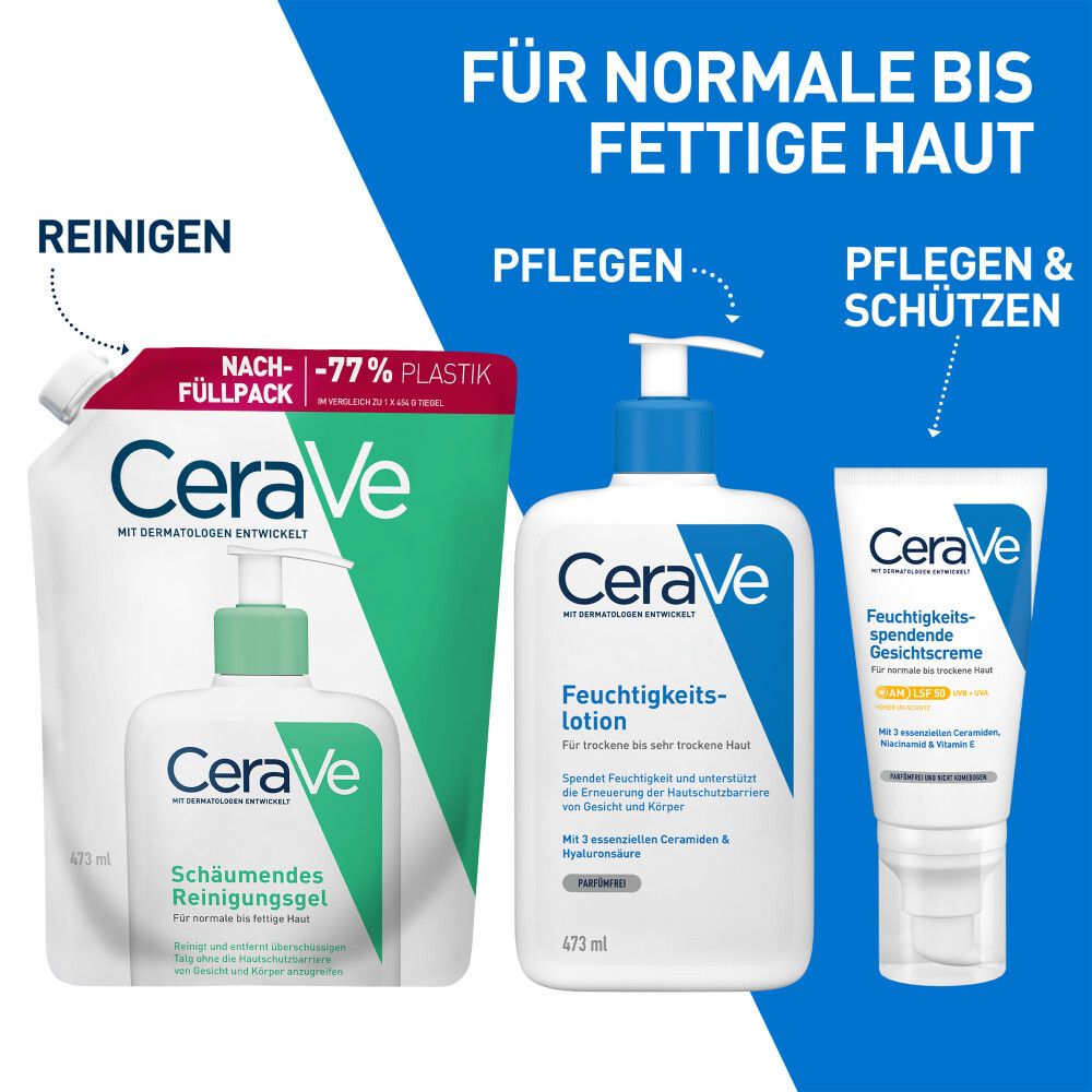 CeraVe® Produkte: Schäumendes Reinigungsgel, Feuchtigkeitslotion, Feuchtigkeitsspendende Gesichtslotion. Für normale bis fettige Haut.