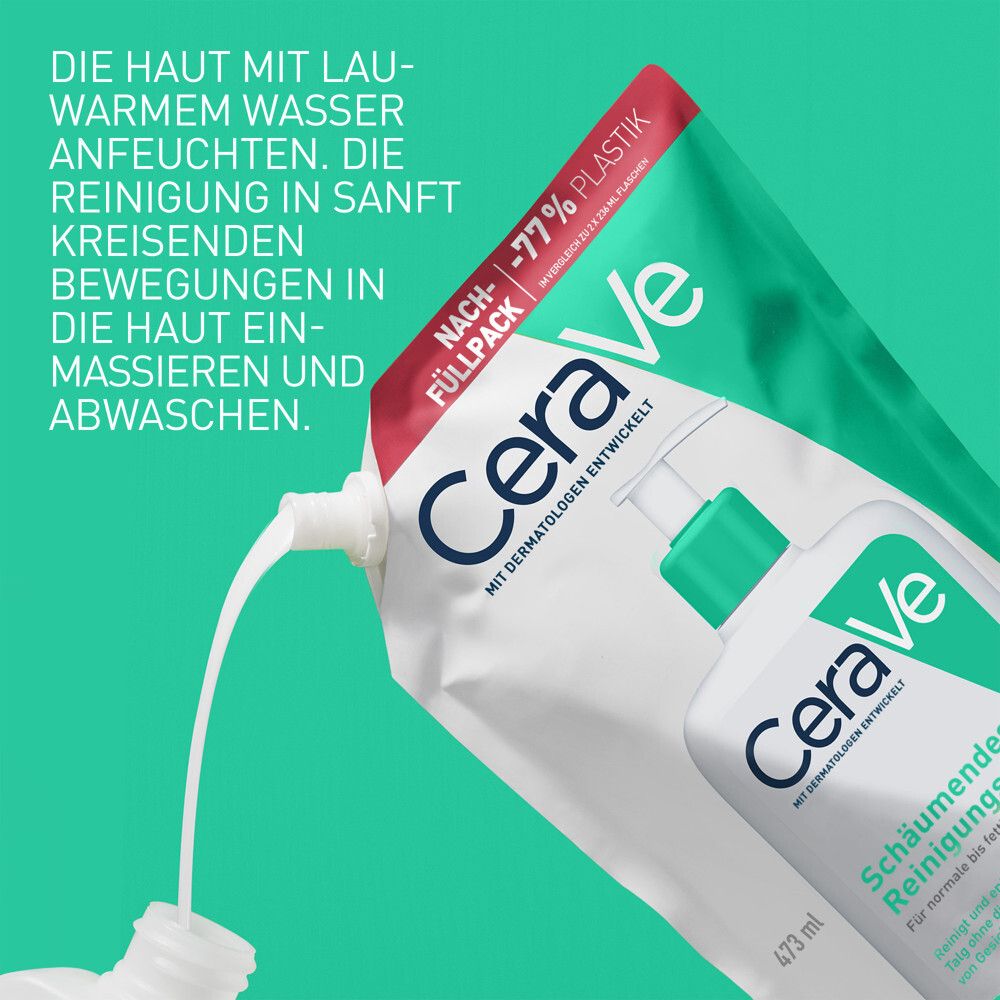 CeraVe® Nachfüllpack gießt Reinigungsgel in Flasche. 473 ml. Grüne und weiße Verpackung.