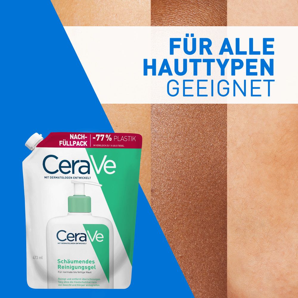 CeraVe® Schäumendes Reinigungsgel Nachfüllpack. Für alle Hauttypen geeignet. Weiße und grüne Verpackung.