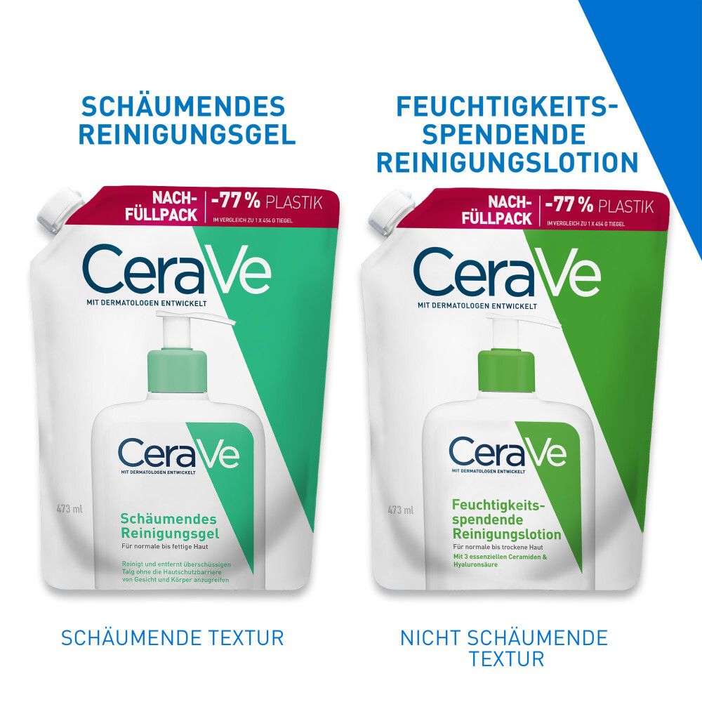 CeraVe éco-recharge gel nettoyant moussant et éco-recharge lotion hydratante.