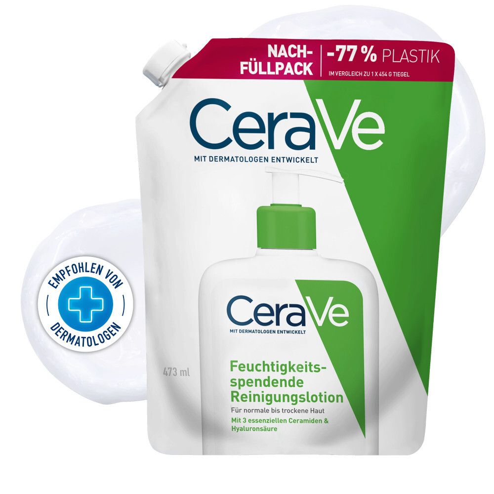 Recharge de lotion nettoyante hydratante CeraVe®. Sachet blanc avec pompe. Recommandé par les dermatologues.