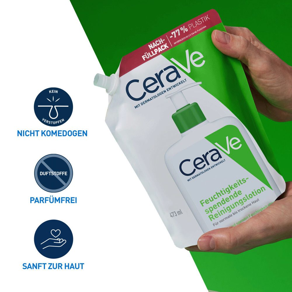Recharge CeraVe® dans une main. Non comédogène, sans parfum, doux pour la peau. Fond vert.