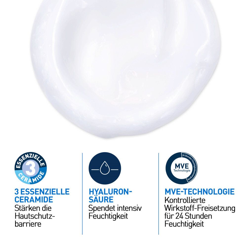 3 céramides essentiels, acide hyaluronique et technologie MVE. Liquide blanc. Icônes avec texte.
