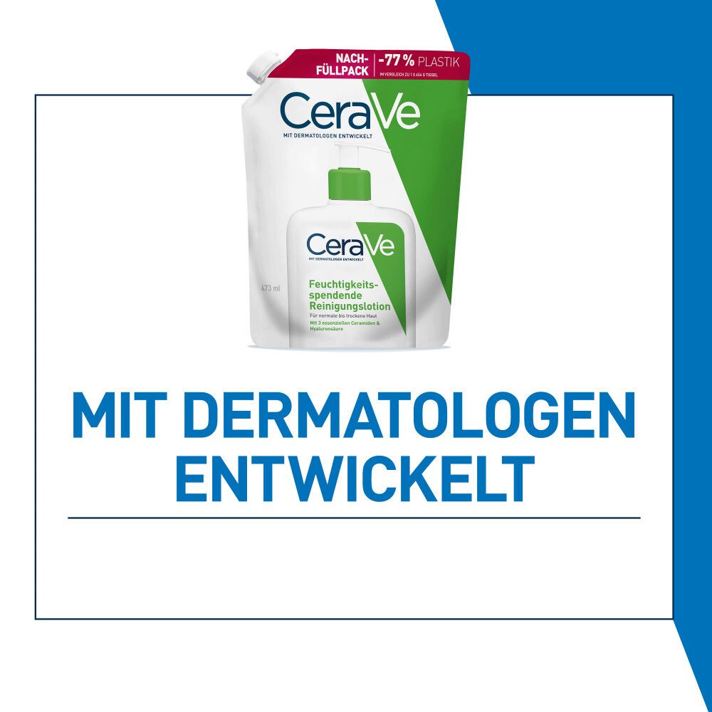 Recharge et flacon CeraVe®. Développé avec des dermatologues. Fond bleu.