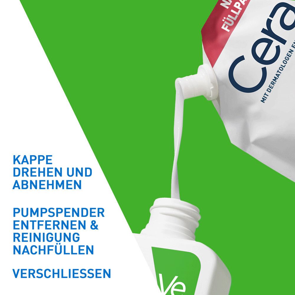 Instructions pour remplir le flacon CeraVe®. Tourner le bouchon, retirer la pompe, remplir, fermer.