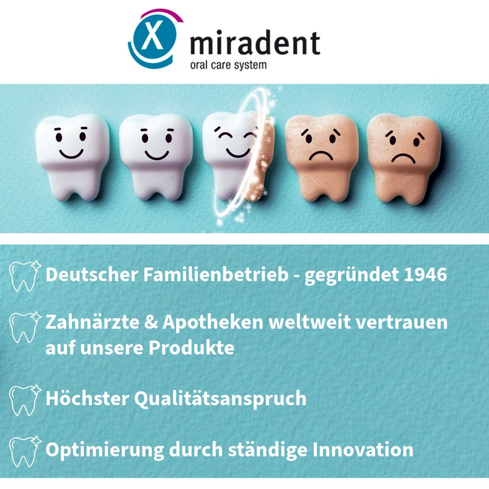 Grafik mit Zähnen. Text: Deutscher Familienbetrieb, Zahnärzte vertrauen, höchster Qualitätsanspruch, Innovation.