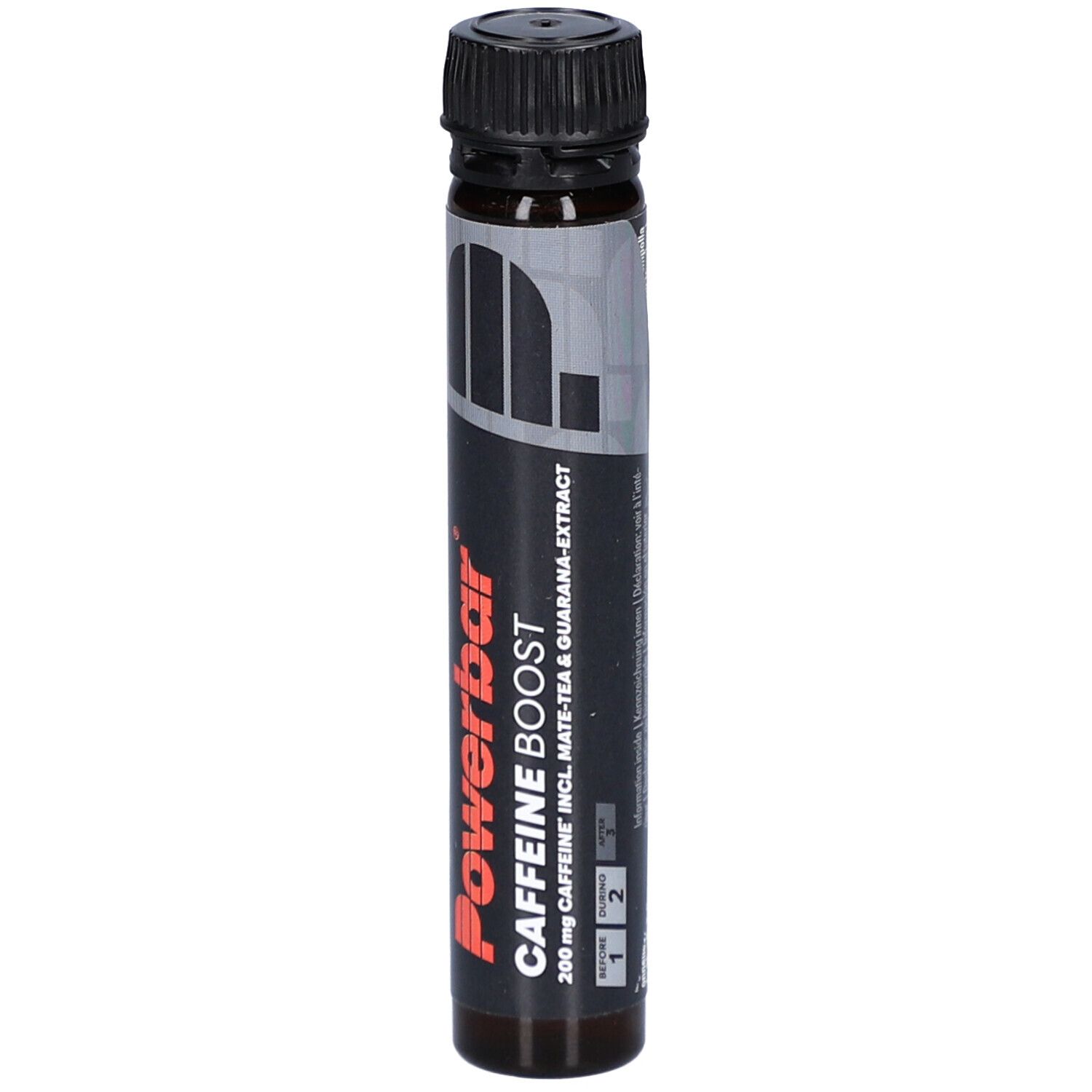 Ampulle mit schwarzem Deckel. Aufschrift Powerbar Caffeine Boost. Enthält Mate-Tee und Guarana-Extrakt. 25 ml.