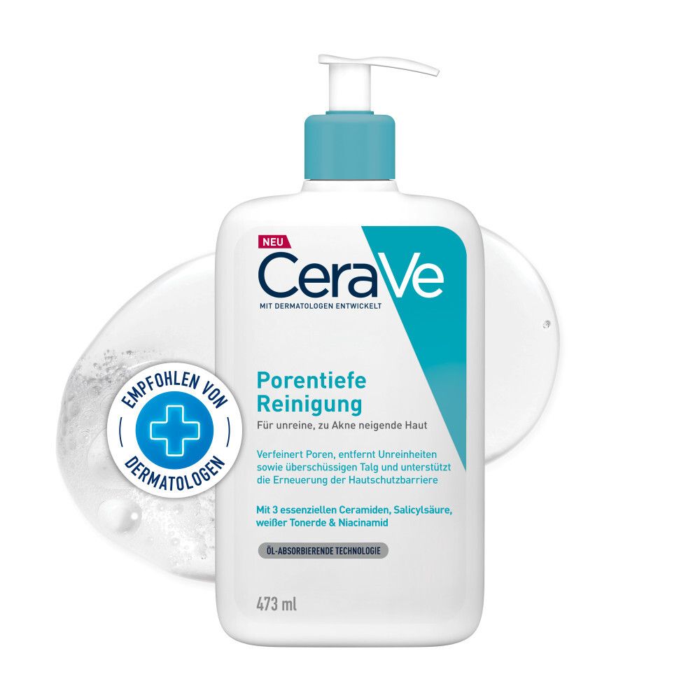 CeraVe Porentiefe Reinigung. Weiße Flasche mit blauem Deckel und Pumpe. Text: Porentiefe Reinigung, für unreine, zu Akne neigende Haut.