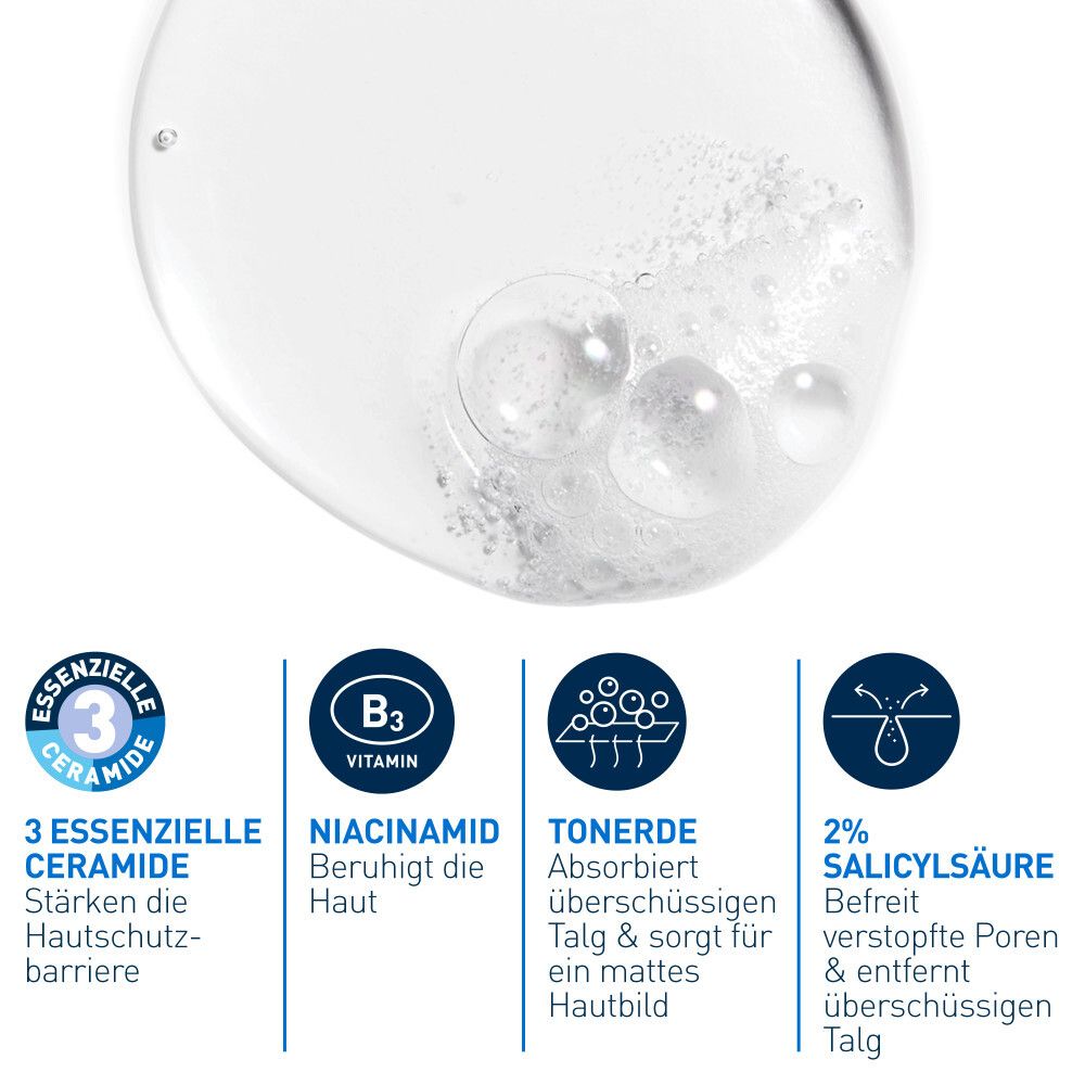 Nahaufnahme von Inhaltsstoffen. Text: 3 essenzielle Ceramide, Niacinamid, Tonerde, 2% Salicylsäure. Logos.