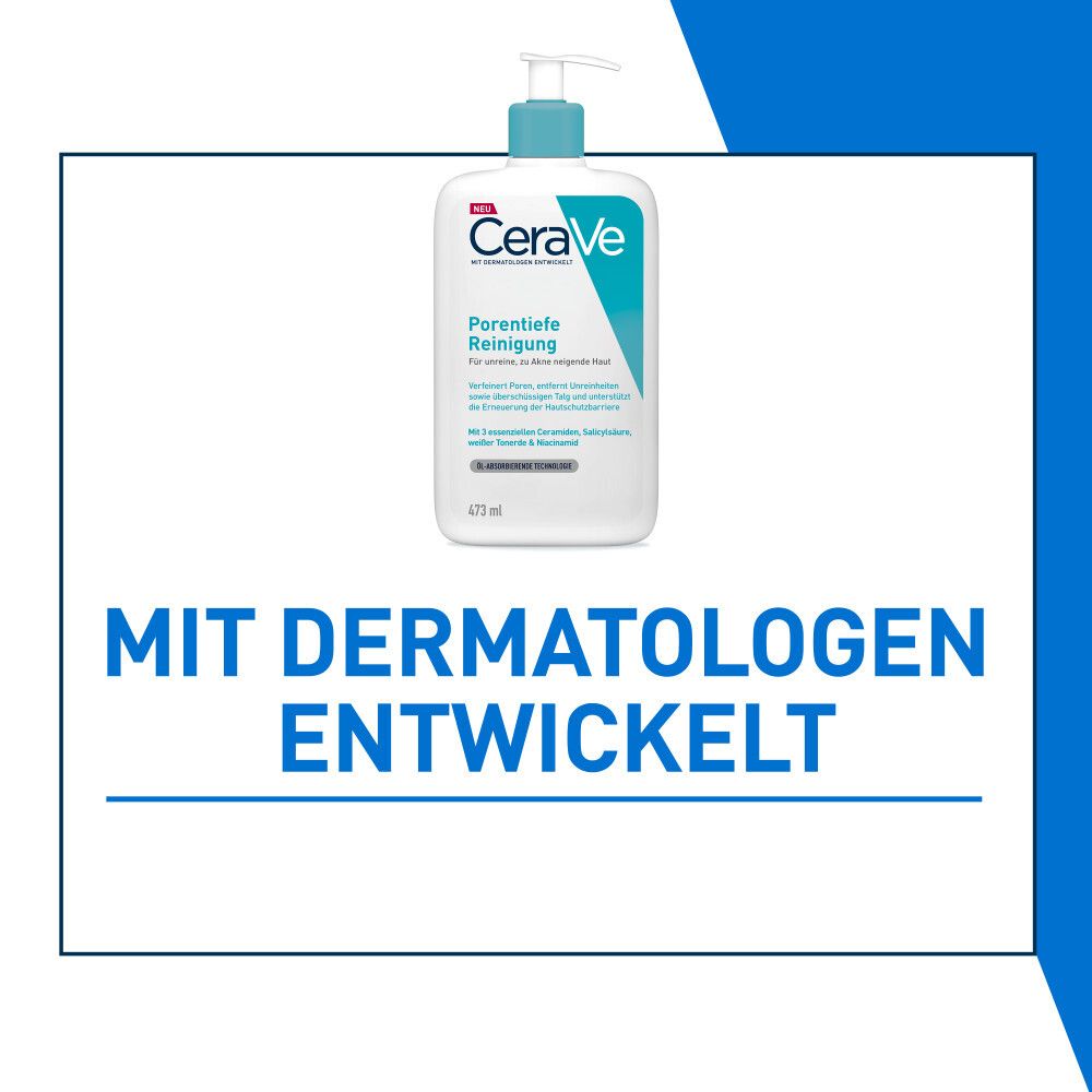 Text: Mit Dermatologen entwickelt. CeraVe Porentiefe Reinigung. Flasche mit blauem Deckel.