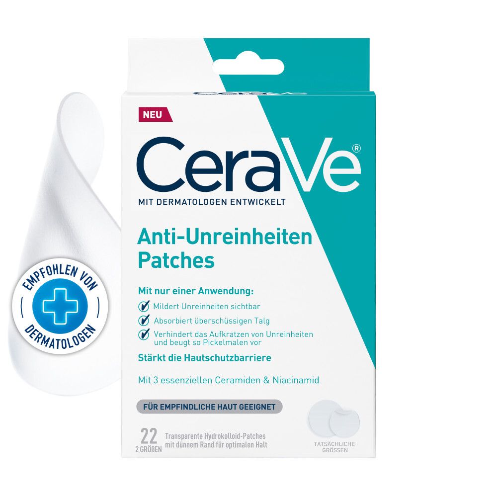 Boîte de CeraVe Anti-Imperfections Patches. Informations produit et logo. 22 patchs.