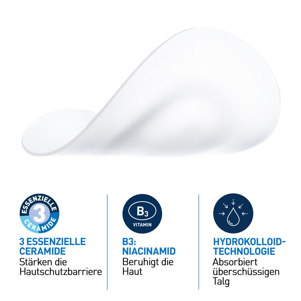 Gros plan d'un patch hydrocolloïde. 3 céramides essentiels, vitamine B3, technologie hydrocolloïde.