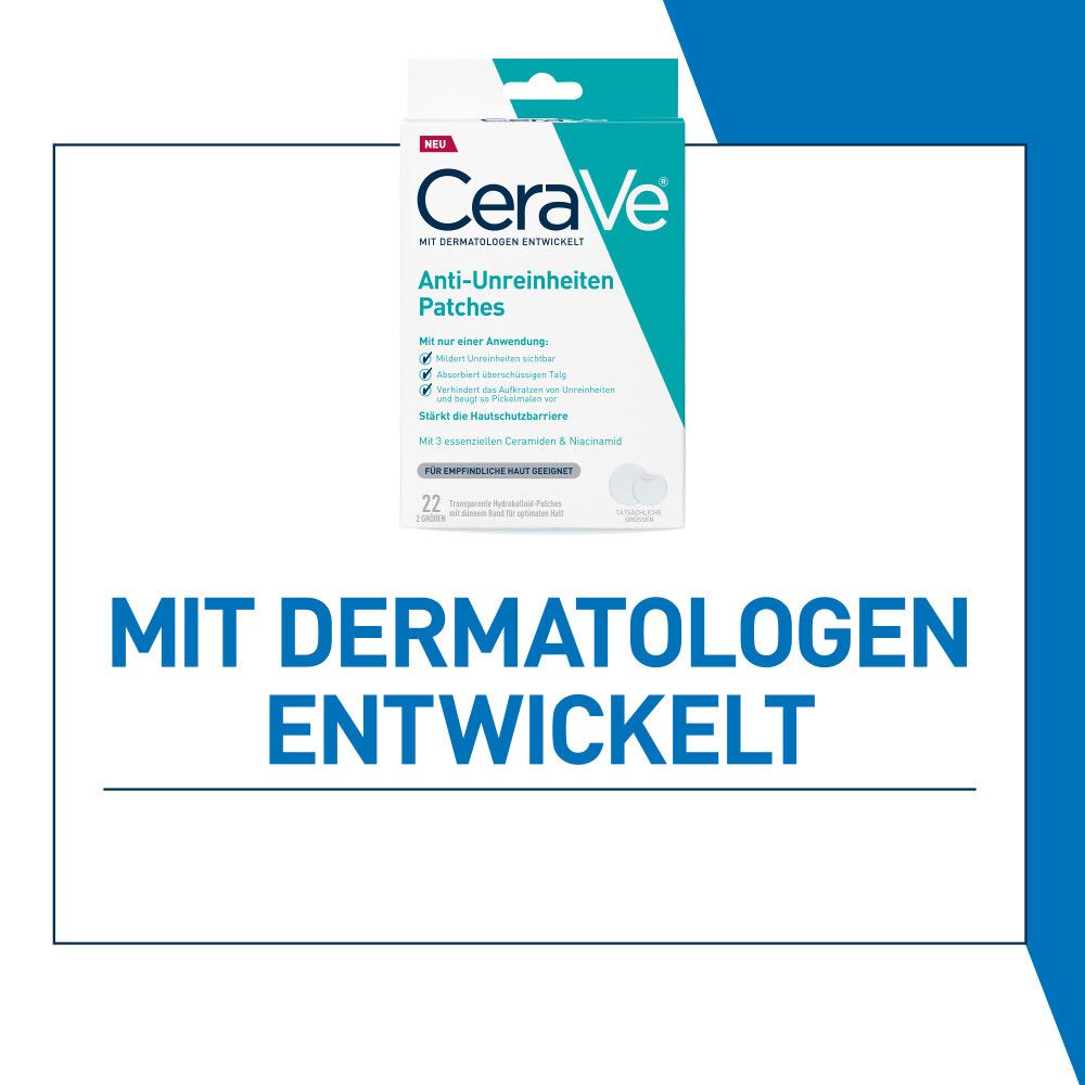 Emballage CeraVe Anti-Imperfections Patches. Développé avec des dermatologues. Bleu et blanc.