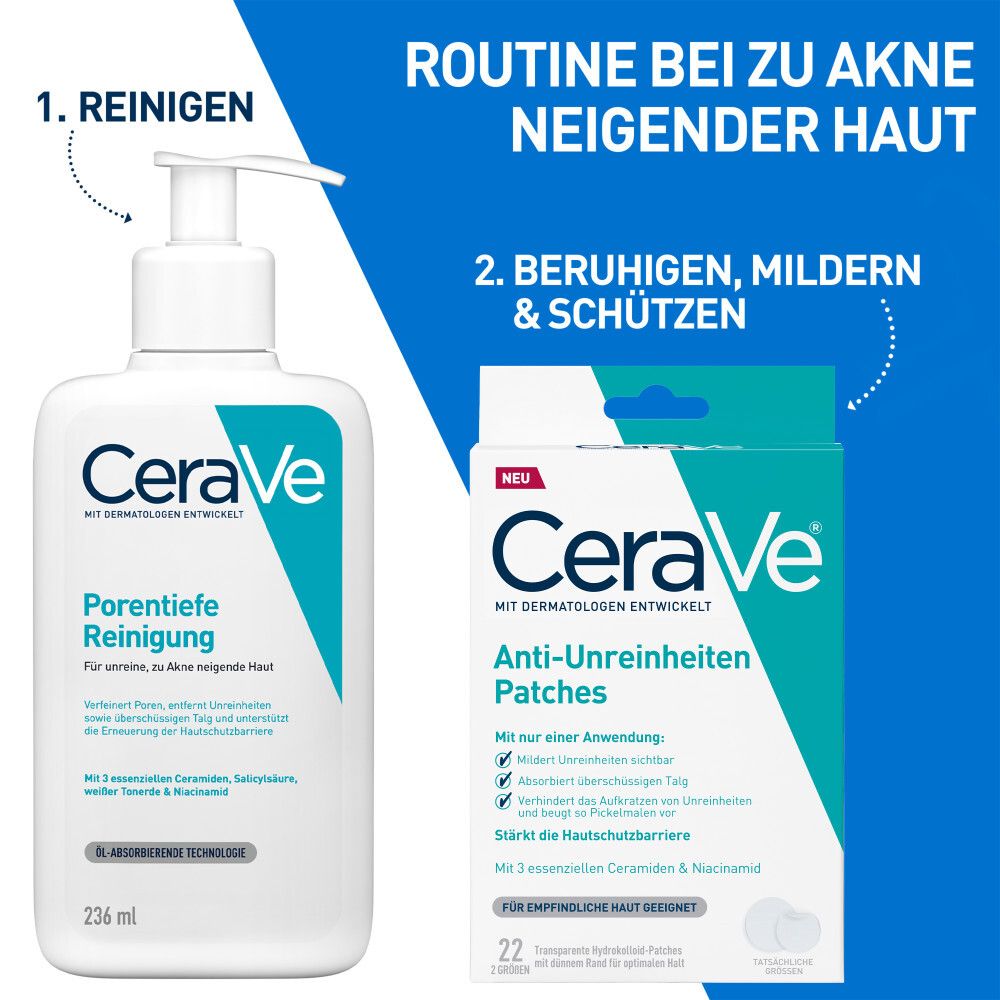 CeraVe Nettoyant et Patchs Anti-Imperfections. Bouteille et emballage. Routine pour peau à tendance acnéique.