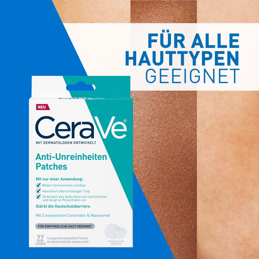Emballage CeraVe Anti-Imperfections Patches. Convient à tous les types de peau. Bleu et blanc.