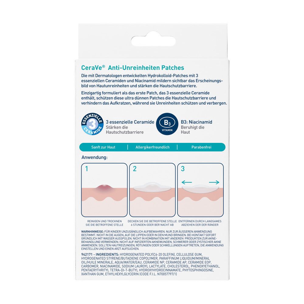 Dos de l'emballage CeraVe Anti-Imperfections Patches. Informations produit et instructions d'utilisation.
