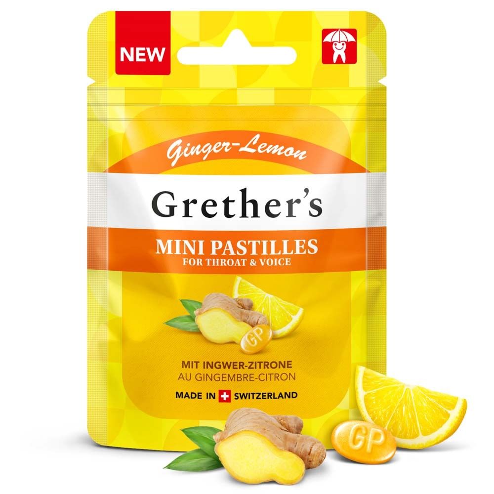 Emballage jaune Grether's Mini Pastilles. Inscription : Ginger-Lemon, Mini Pastilles, Ingwer-Zitrone. Citron et gingembre illustrés.