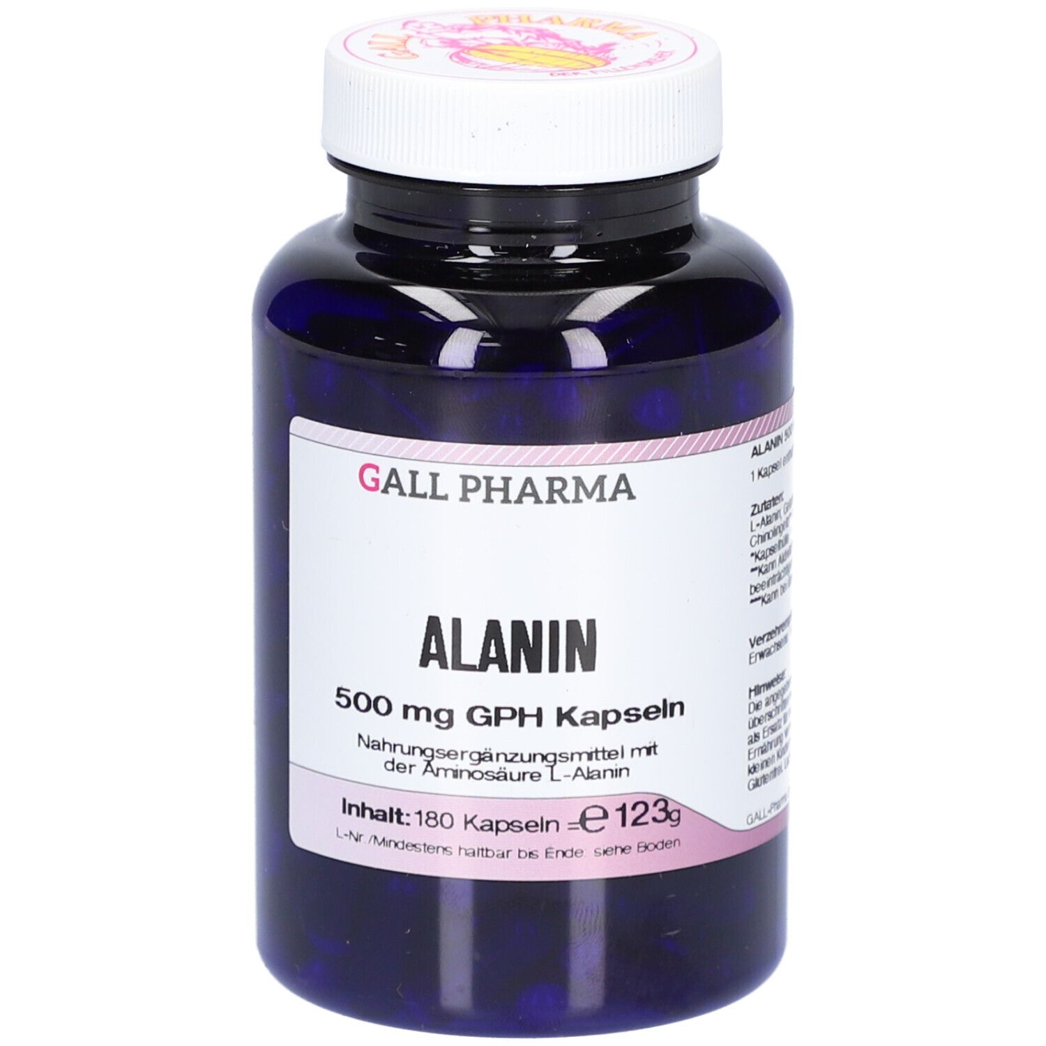 Flacon bleu avec capsules blanches. Inscription: ALANIN 500 mg GPH Kapseln. Fabricant: GALL PHARMA. Contenu: 180 capsules.