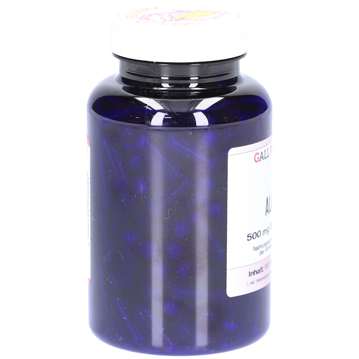 Flacon bleu avec capsules transparentes. Contenu visible. Couvercle blanc. Fabricant: GALL PHARMA.