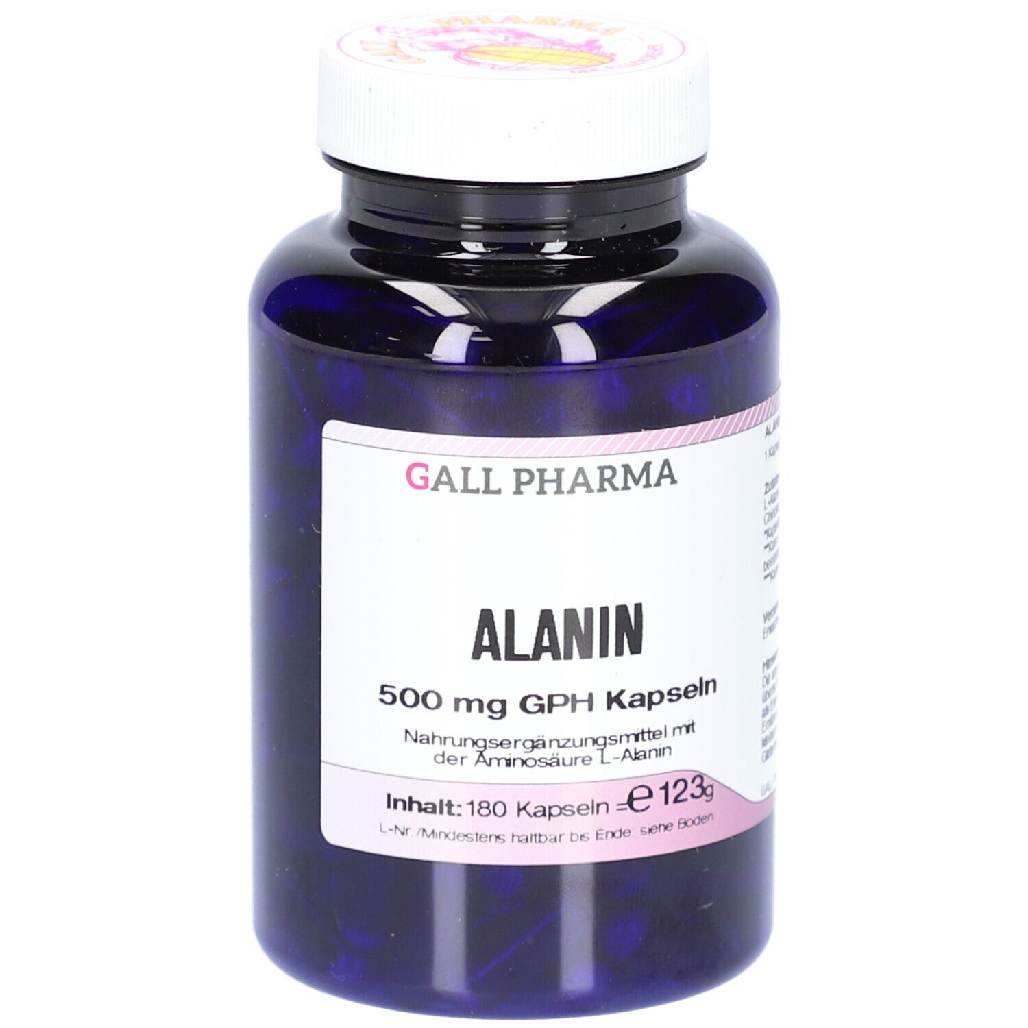 Flacon bleu avec capsules blanches. Inscription: ALANIN 500 mg GPH Kapseln. Fabricant: GALL PHARMA. Contenu: 180 capsules.