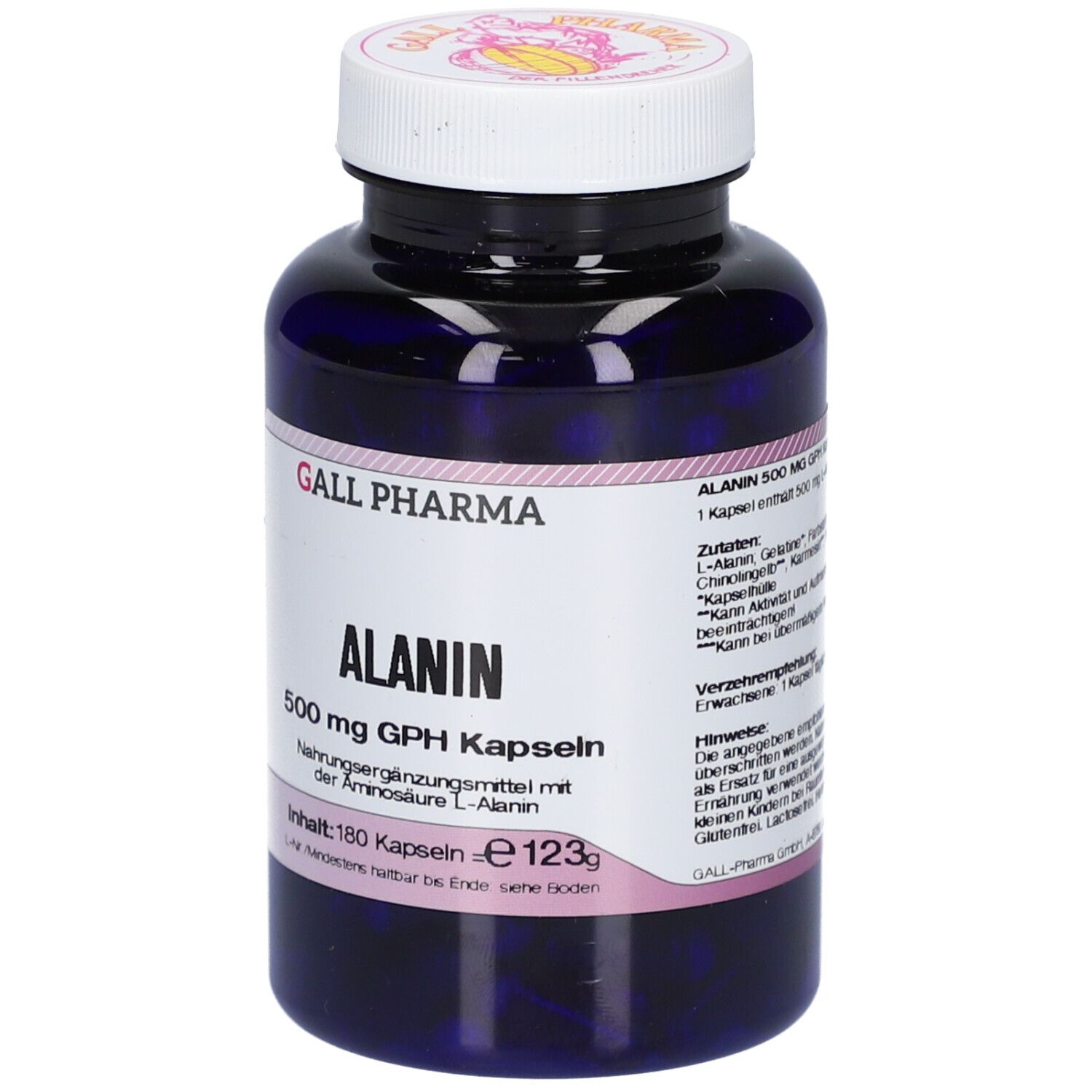 Flacon bleu avec capsules blanches. Inscription: ALANIN 500 mg GPH Kapseln. Fabricant: GALL PHARMA. Contenu: 180 capsules.