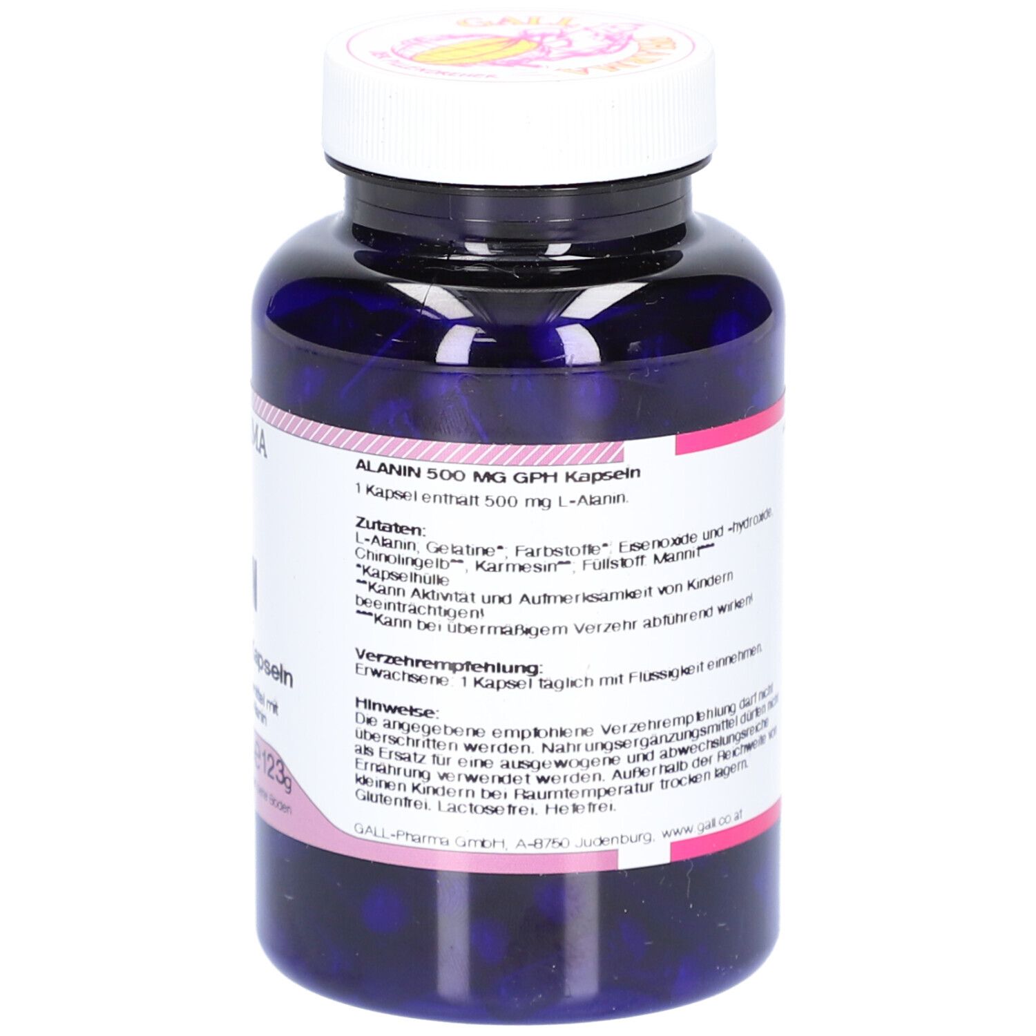 Flacon bleu avec capsules blanches. Inscription: ALANIN 500 mg GPH Kapseln. Fabricant: GALL PHARMA. Contenu: 180 capsules.