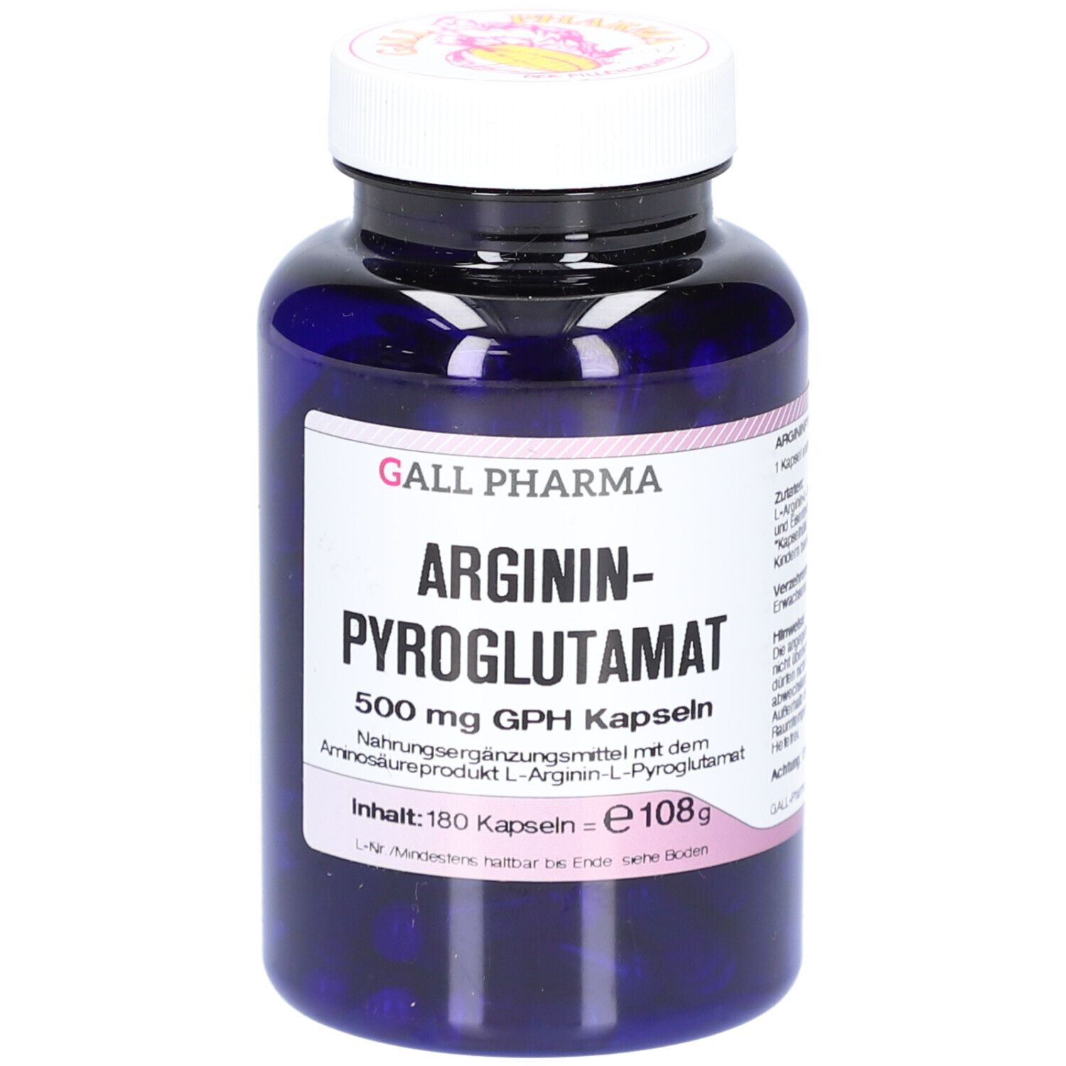 Flacon bleu avec couvercle blanc. Étiquette avec nom du produit: ARGININ-PYROGLUTAMAT 500 mg GPH Kapseln. Marque: GALL PHARMA.