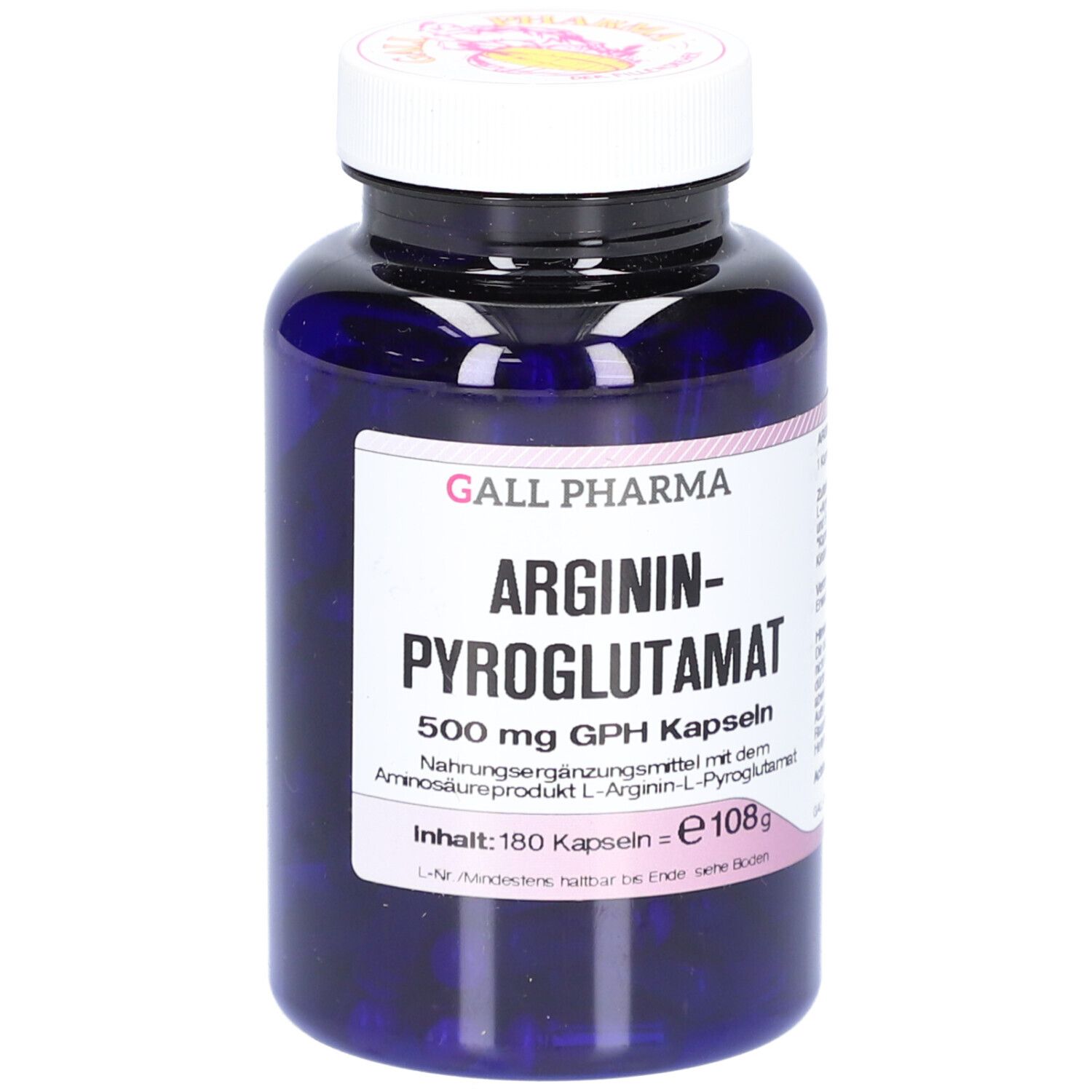Flacon bleu avec couvercle blanc. Étiquette avec nom du produit: ARGININ-PYROGLUTAMAT 500 mg GPH Kapseln. Marque: GALL PHARMA.