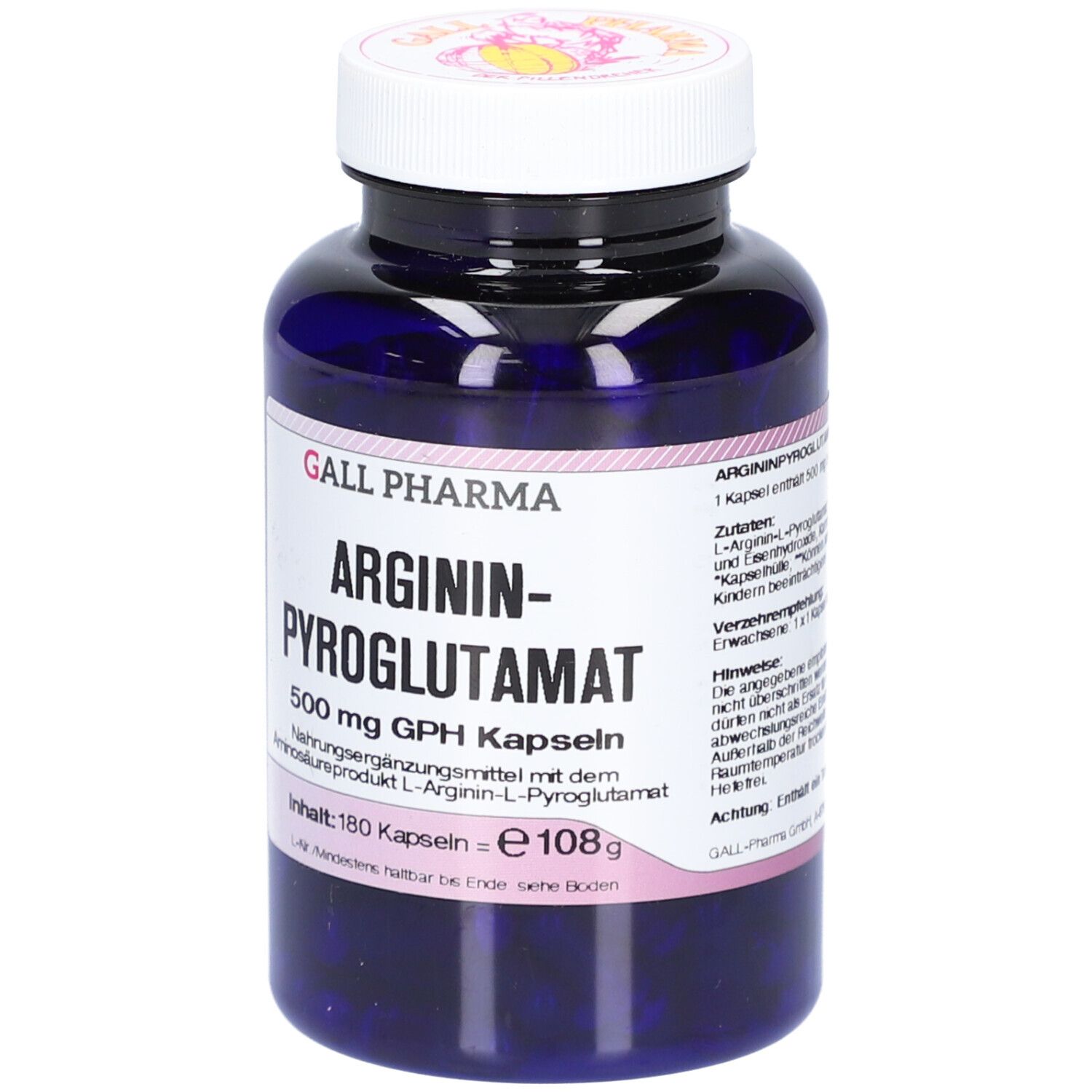 Flacon bleu avec couvercle blanc. Étiquette avec nom du produit: ARGININ-PYROGLUTAMAT 500 mg GPH Kapseln. Marque: GALL PHARMA.