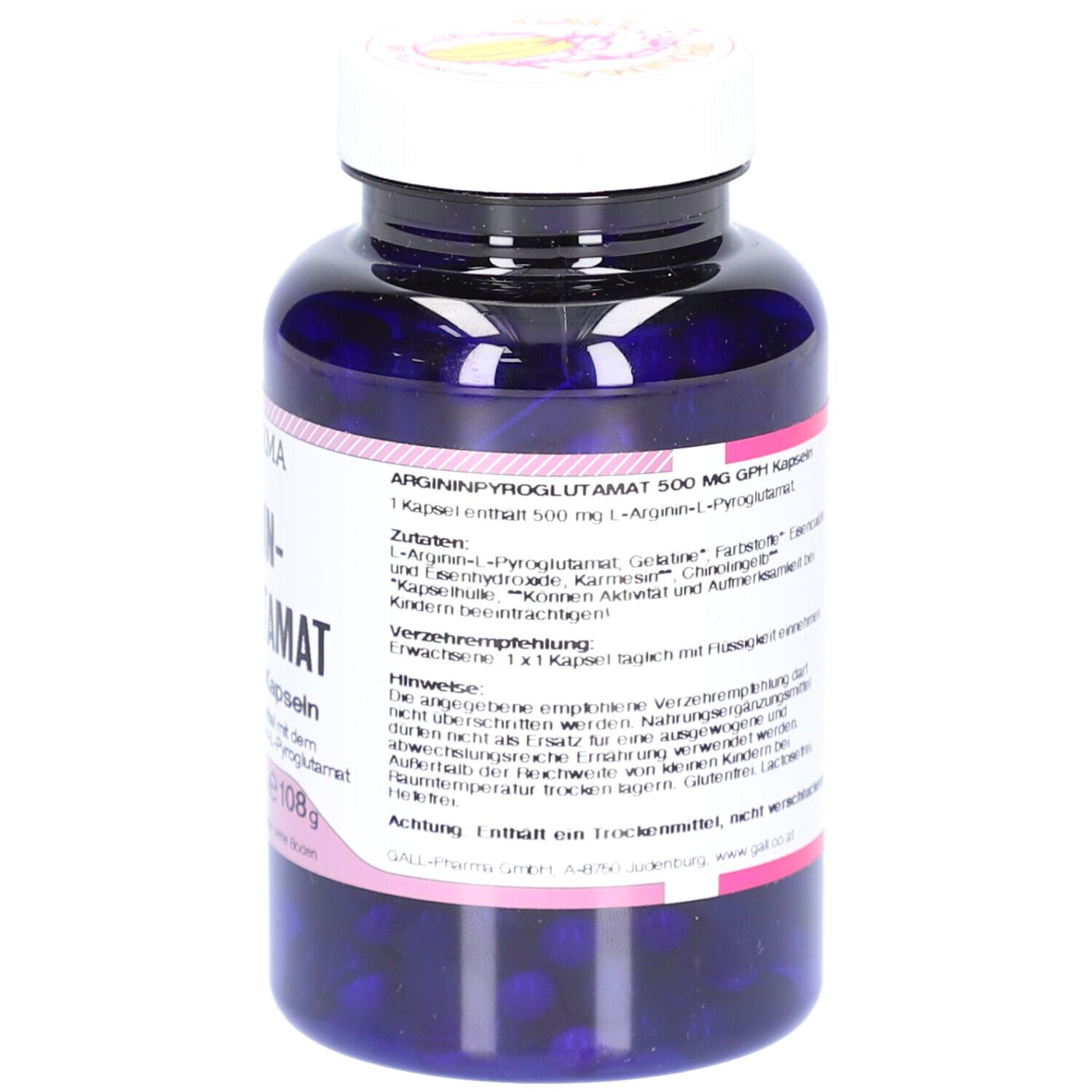 Flacon bleu avec couvercle blanc. Étiquette avec informations produit. Gélules visibles à l'intérieur. Marque: GALL PHARMA.