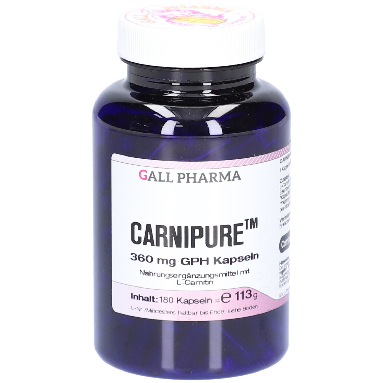 Dunkelblaue Flasche mit weißem Deckel. Aufkleber mit Produktnamen CARNIPURE 360 mg GPH Kapseln. Enthält 180 Kapseln.