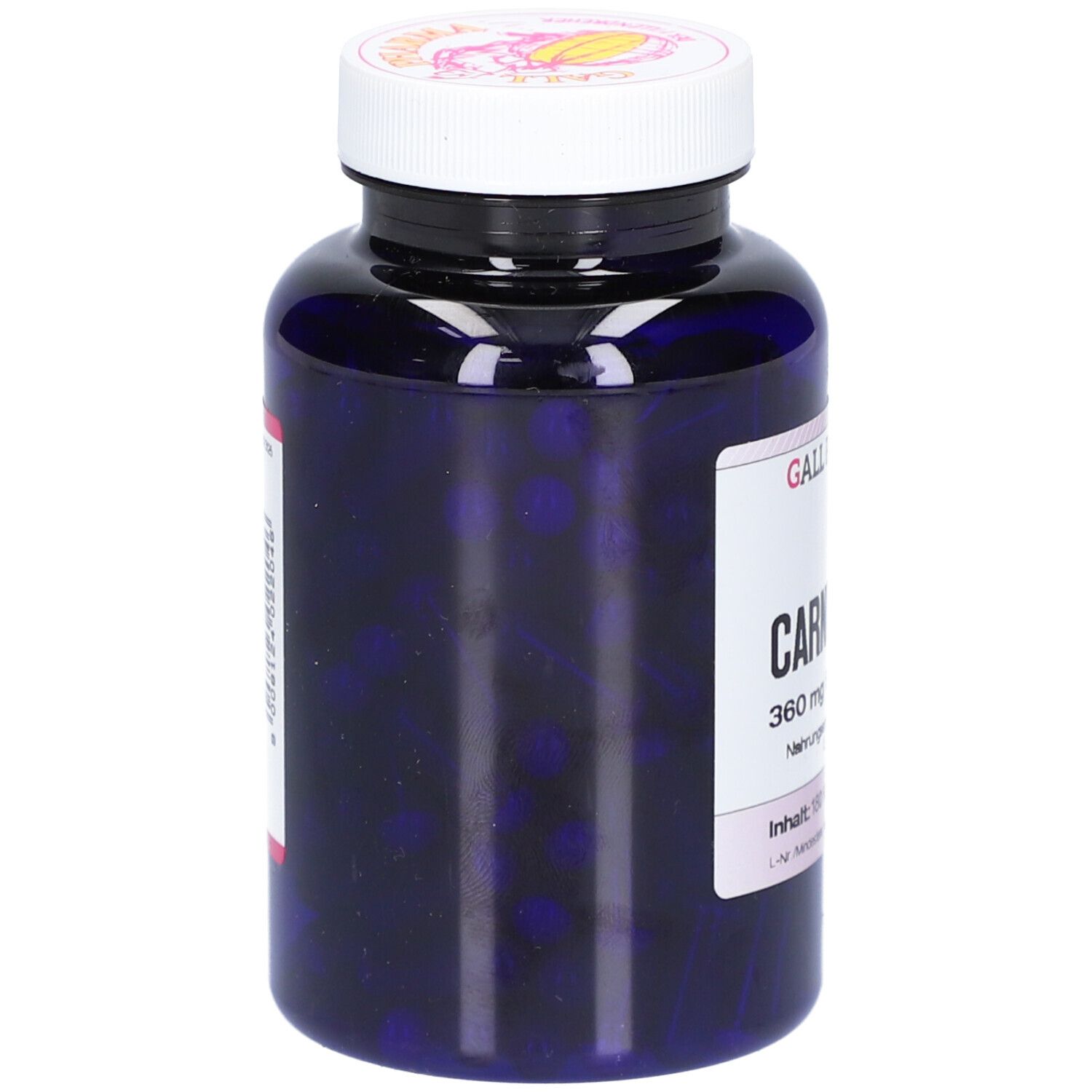 Dunkelblaue Flasche mit weißem Deckel. Sicht auf Kapseln im Inneren. Aufkleber mit Produktinformationen.