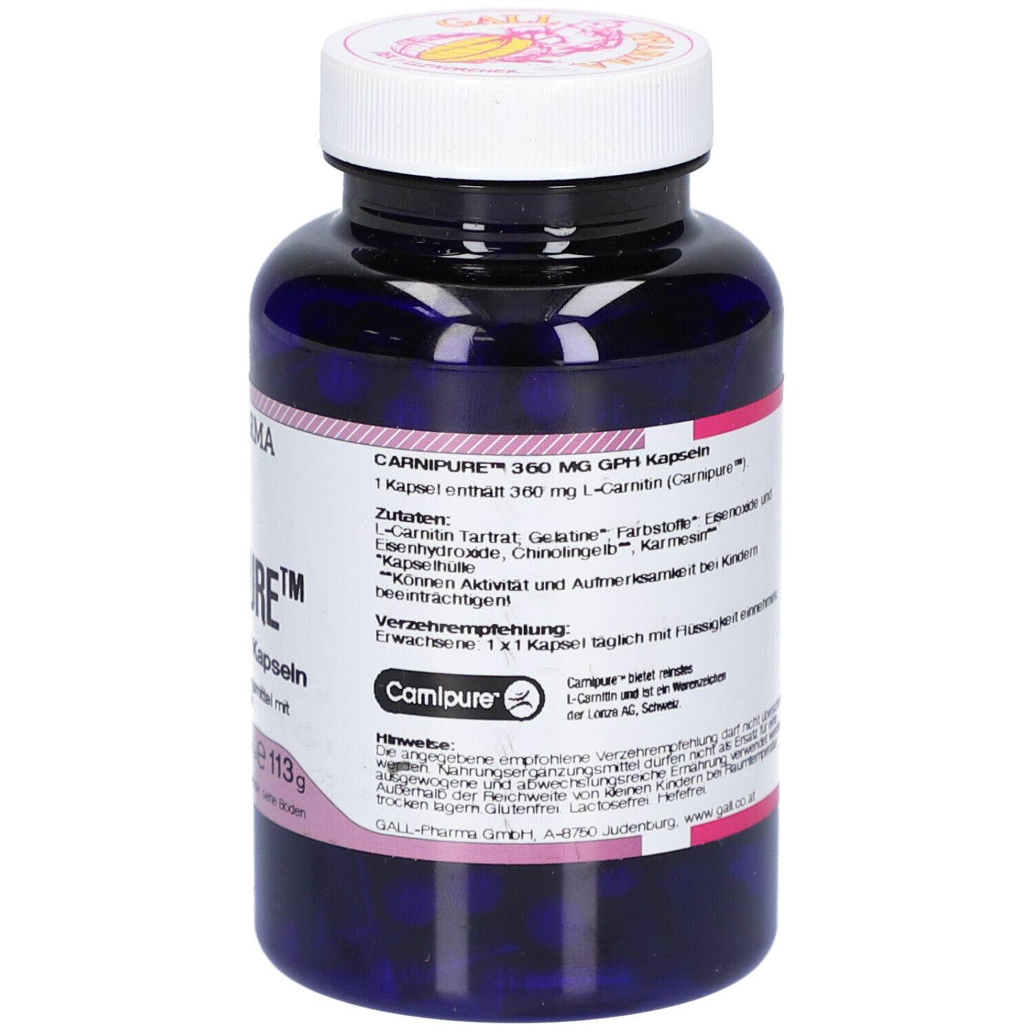 Dunkelblaue Flasche mit weißem Deckel. Rückseite mit Produktinformationen und Inhaltsstoffen. Text in deutscher Sprache.