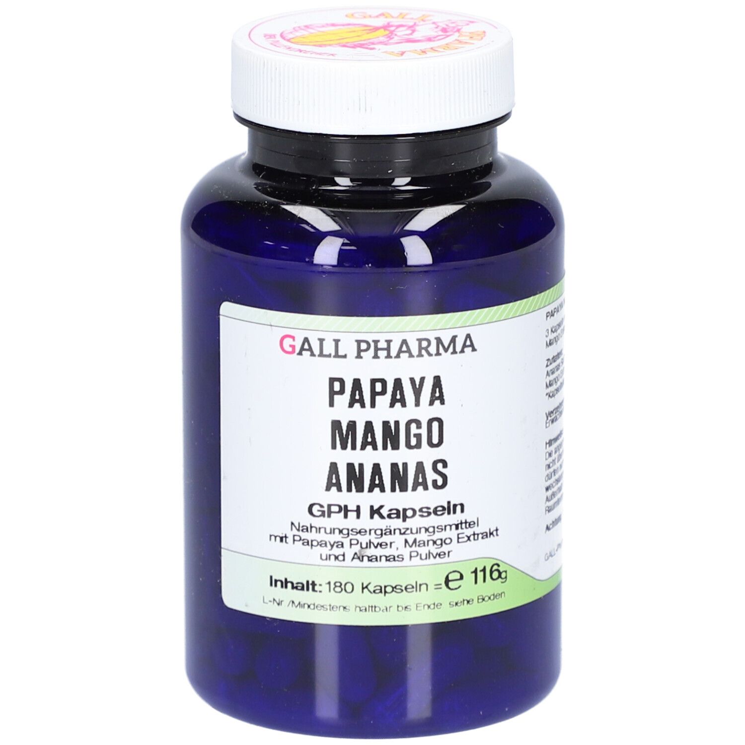 Flacon bleu avec bouchon blanc. Inscription: PAPAYA MANGO ANANAS GPH Kapseln. Contient 180 gélules.
