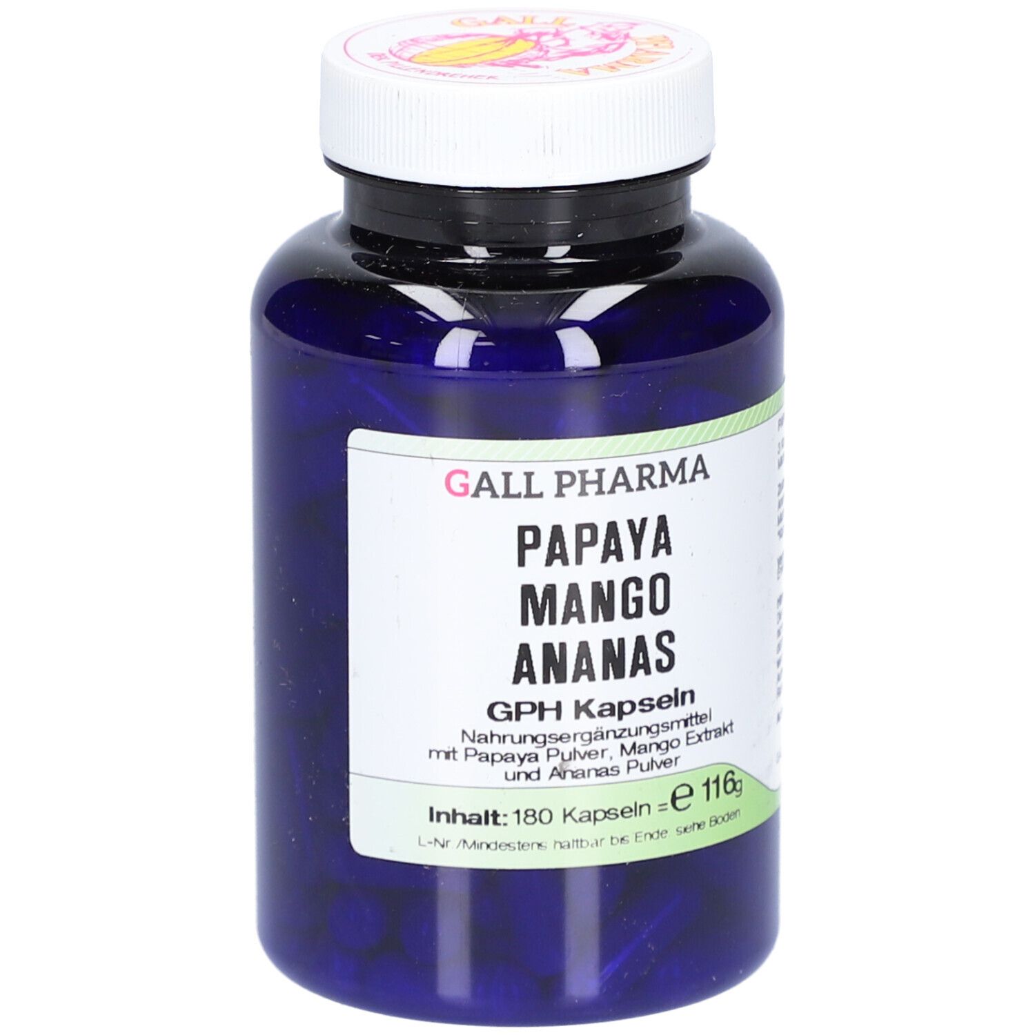 Flacon bleu avec bouchon blanc. Inscription: PAPAYA MANGO ANANAS GPH Kapseln. Contient 180 gélules.