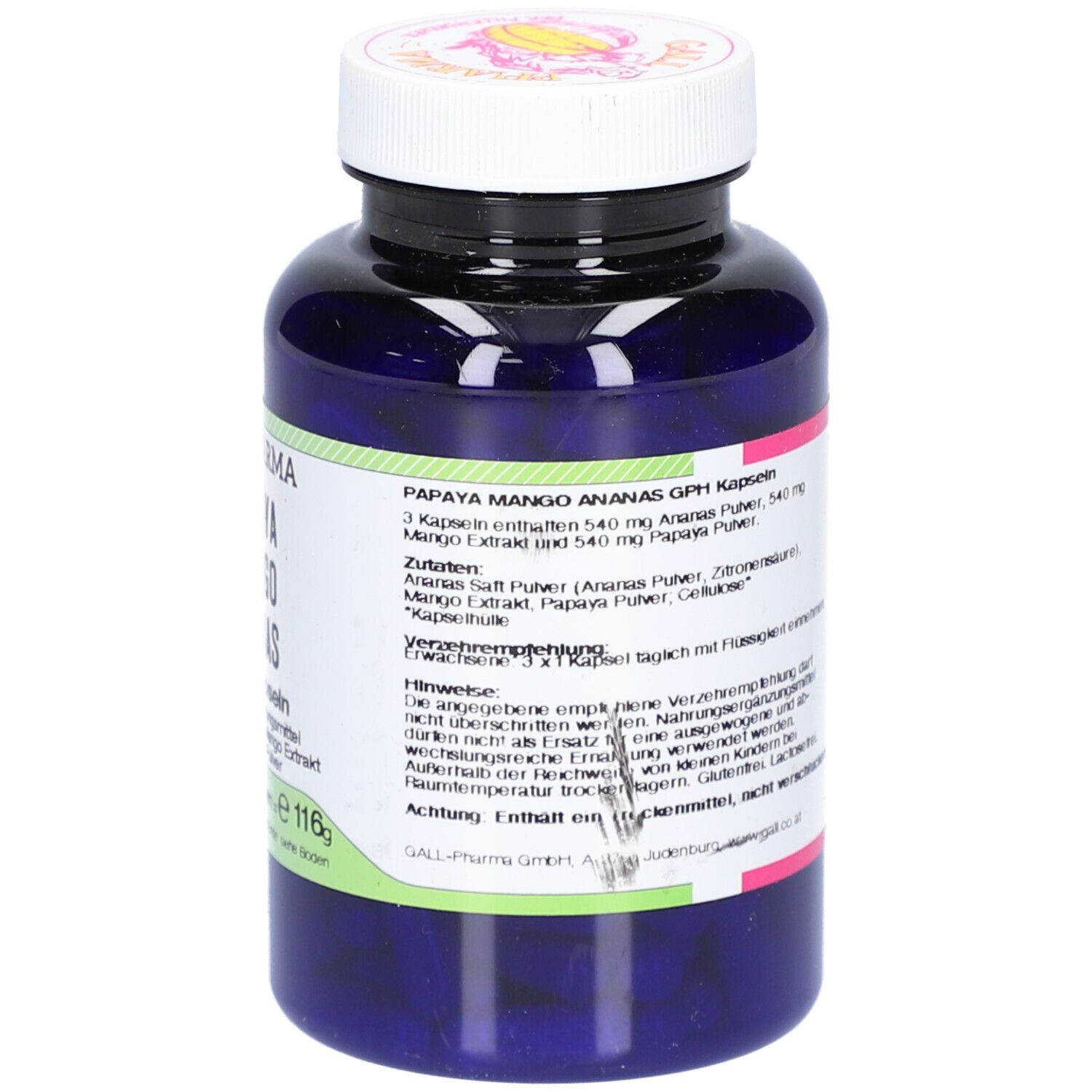 Flacon bleu avec bouchon blanc. Dos avec étiquette. Texte en allemand.