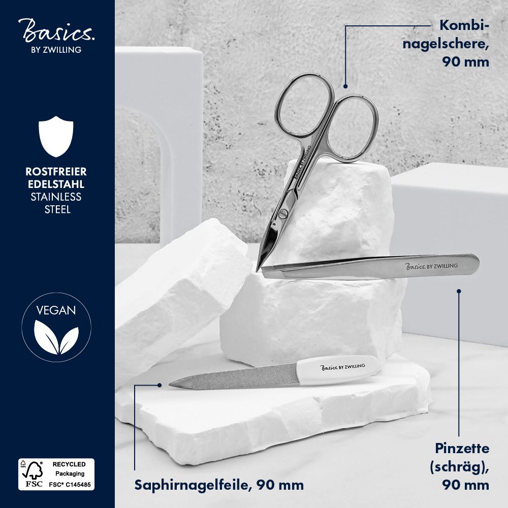 Set de manucure avec ciseaux, pince à épiler et lime. Marque Basics by Zwilling. Acier inoxydable. Vegan.