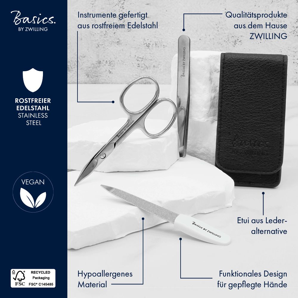 Set de manucure avec ciseaux, pince à épiler et lime. Marque Basics by Zwilling. Acier inoxydable. Vegan. Étui.