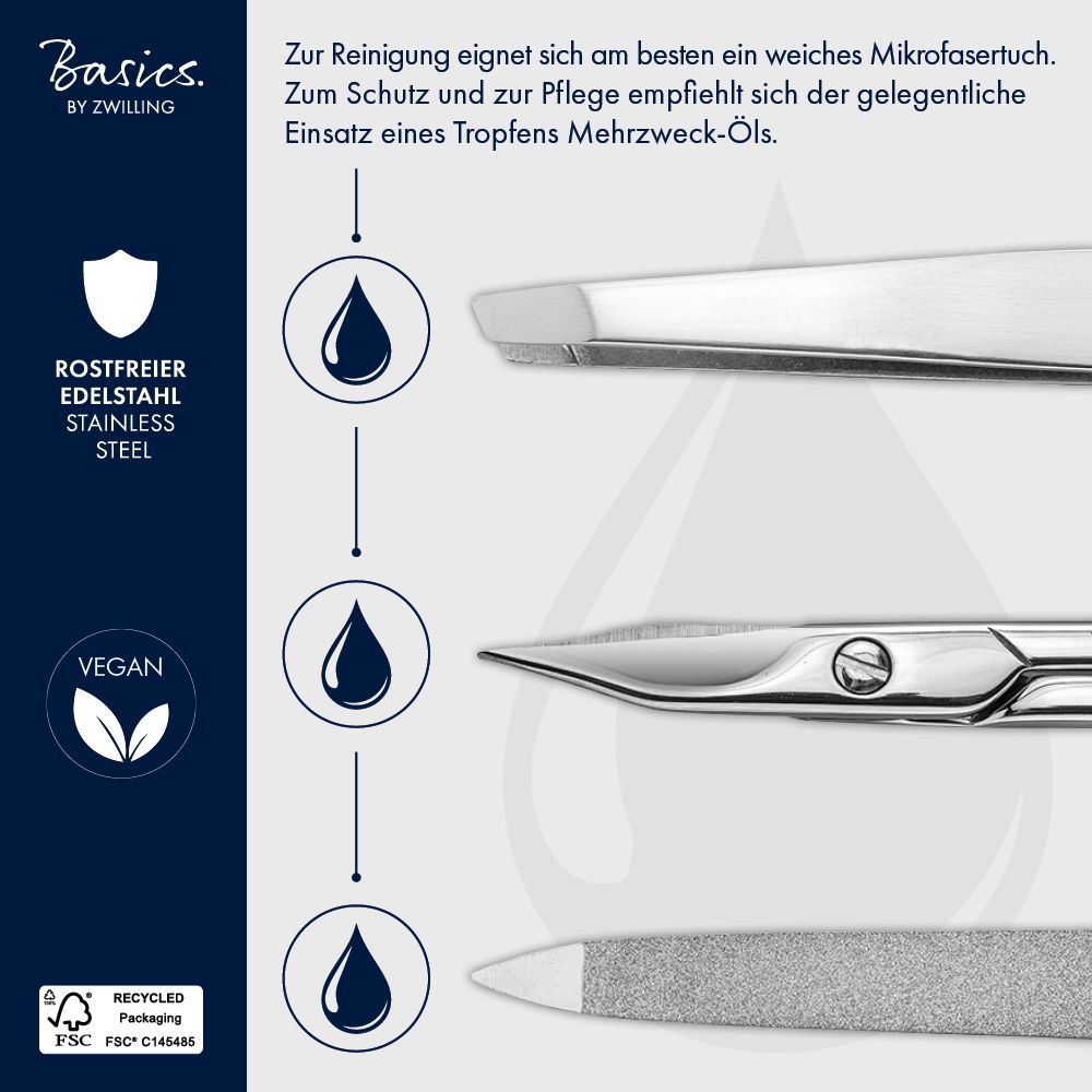 Gros plan des outils de manucure. Gouttes. Marque Basics by Zwilling. Acier inoxydable. Vegan.