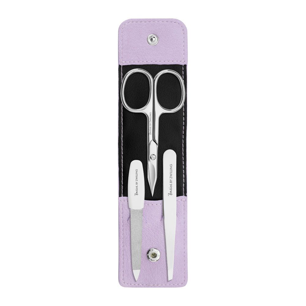 Nagelpflege-Set mit Etui. Enthält Schere, Feile und Pinzette. Basics by Zwilling. Edelstahl. Lila Etui.