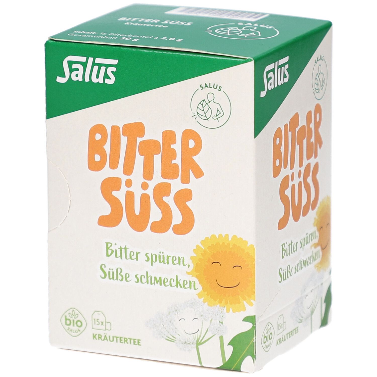 Karton mit Aufdruck "BITTER SÜSS". Marke Salus. Bio-Siegel. Kräutertee. Abbildung einer Blume.