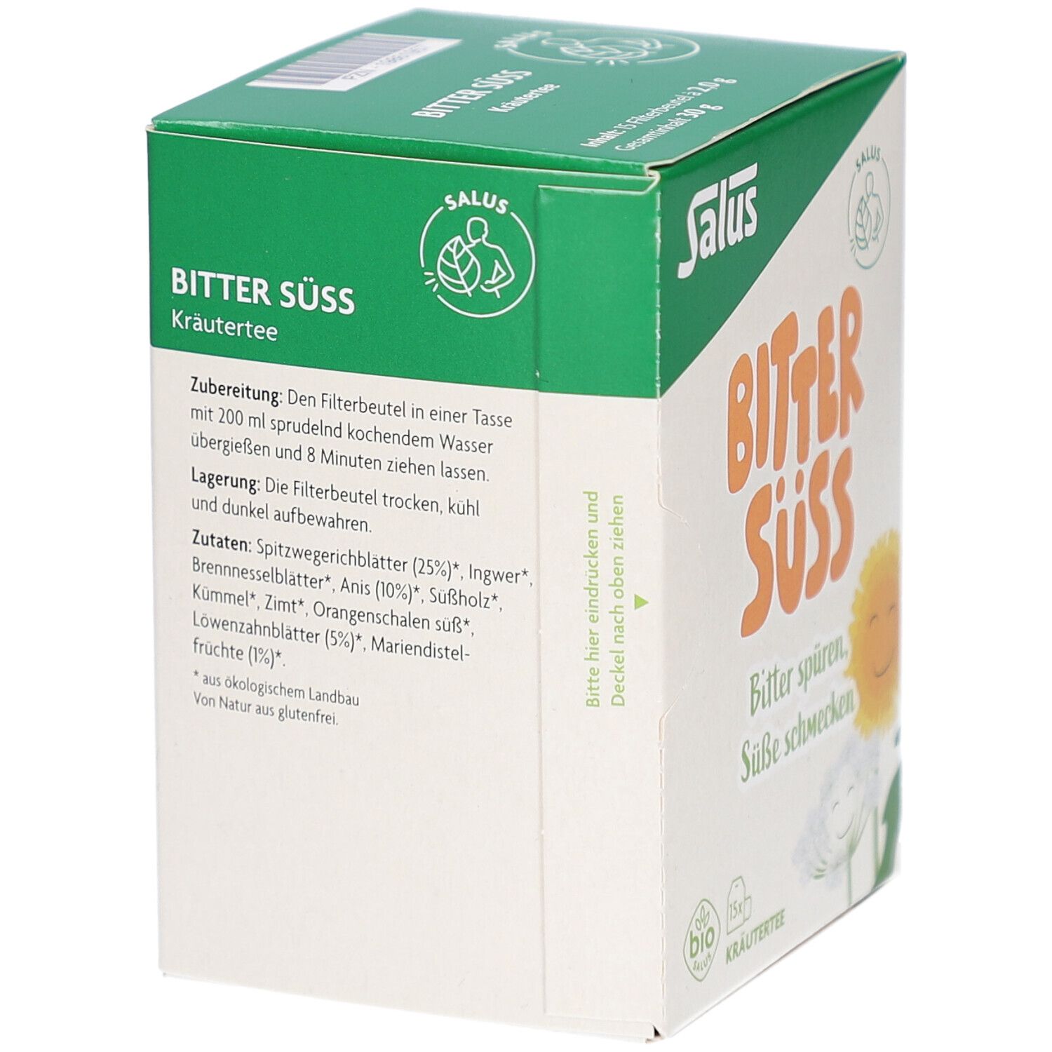 Rückseite der Teebox. Text: Zubereitung, Zutaten, Lagerung. Marke Salus. Bio-Siegel. Kräutertee.