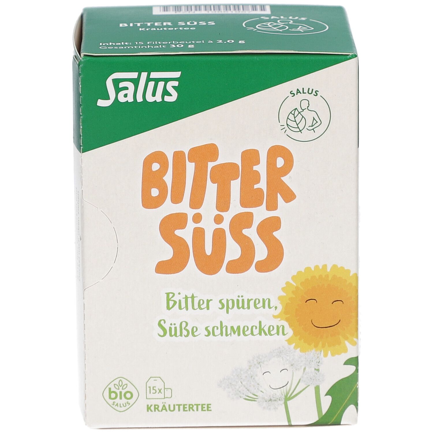 Teebox mit Text: BITTER SÜSS Kräutertee. Marke Salus. Bio-Siegel. 15 Filterbeutel.