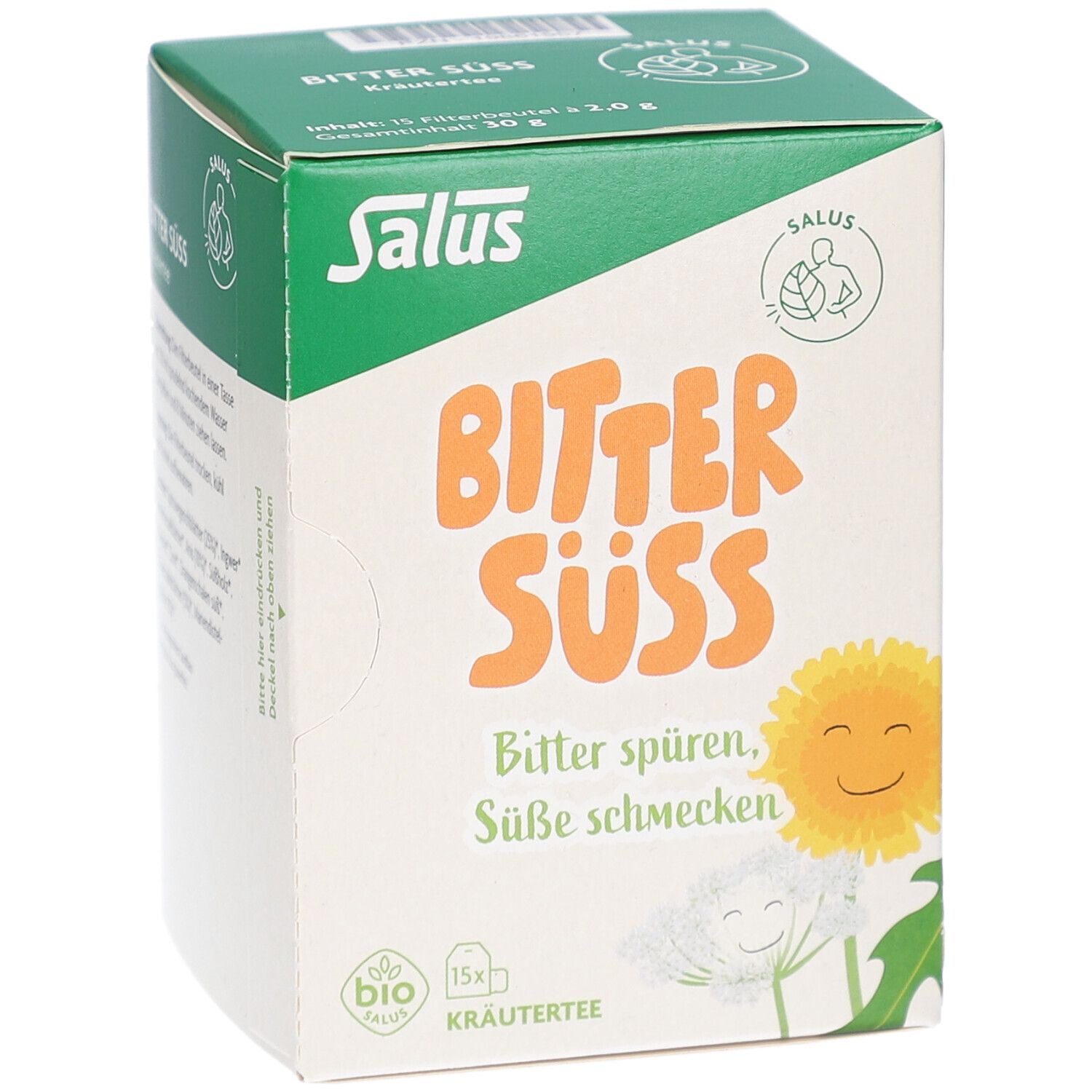Teebox mit Text: BITTER SÜSS Kräutertee. Marke Salus. Bio-Siegel. 15 Filterbeutel.