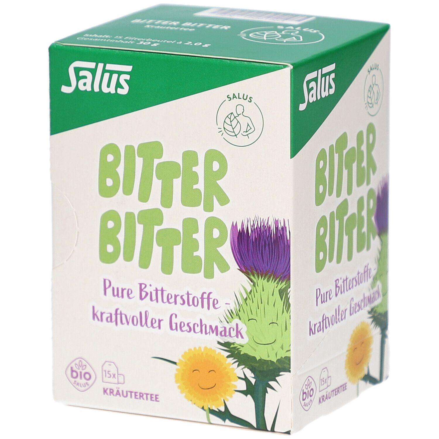 Karton mit Aufdruck. Grün-weiß. Text: Bitter Bitter, Kräutertee, Bio-Siegel. Illustrationen: Distel, Löwenzahn.